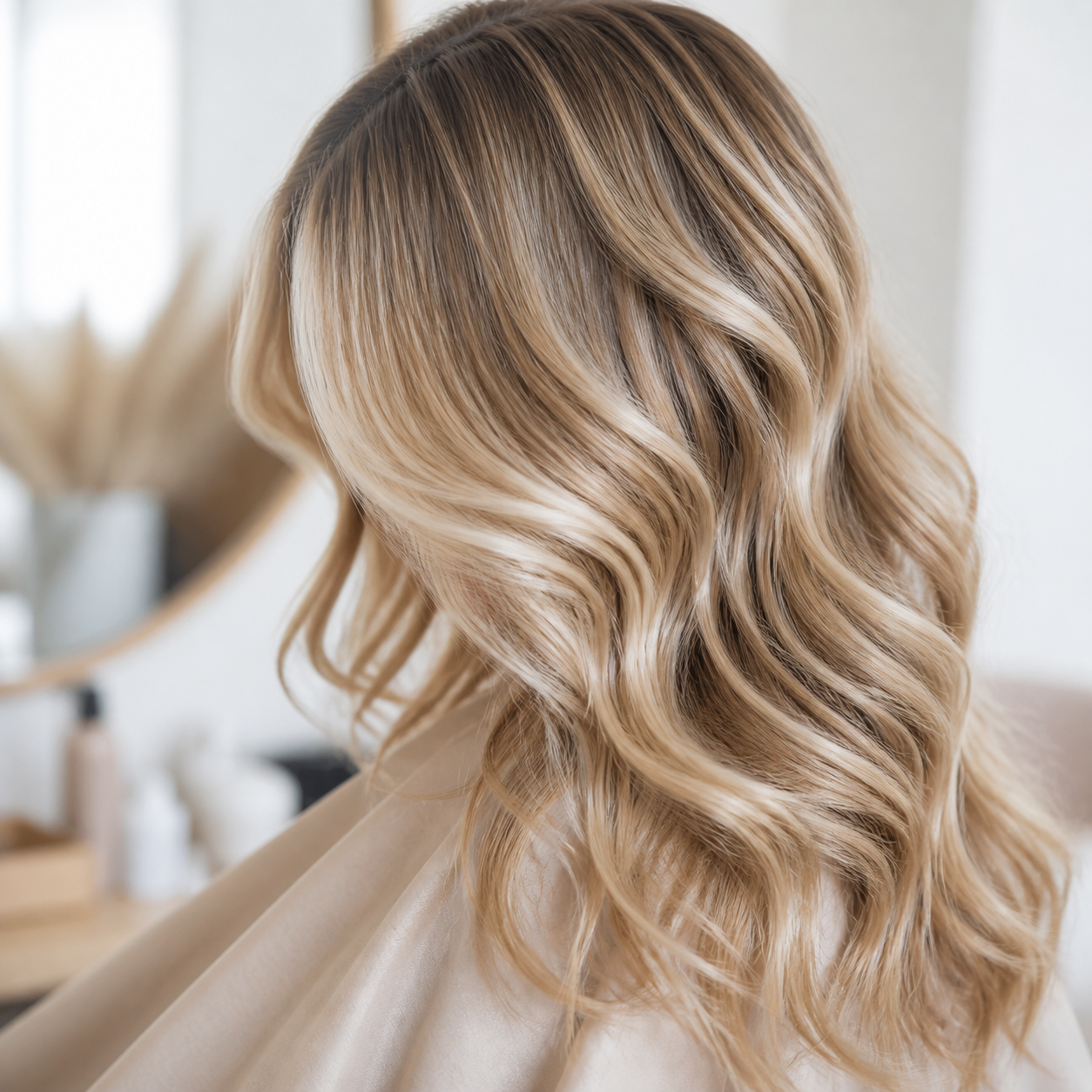 Glossy blonde balayage waves styled in natural light